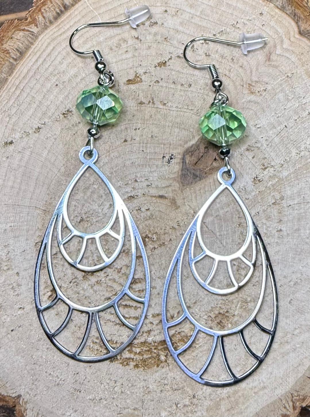NEW Dramatic Stainless Steel Large Teardrop Earrings w/ Green Glass Beads