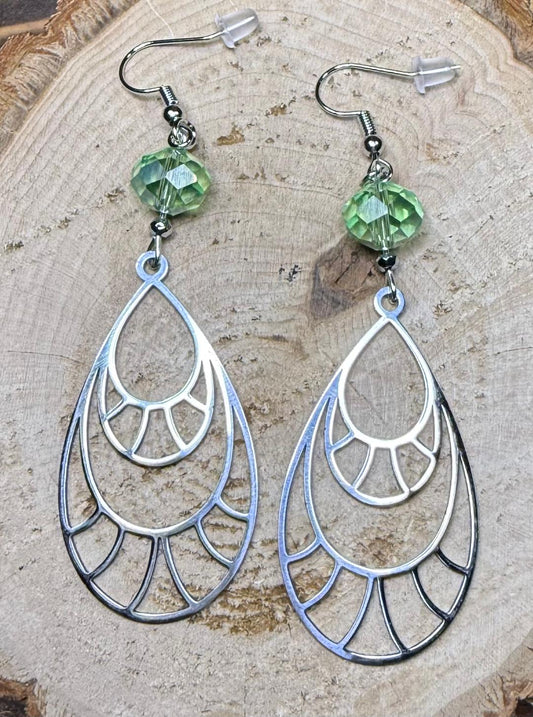 NEW Dramatic Stainless Steel Large Teardrop Earrings w/ Green Glass Beads