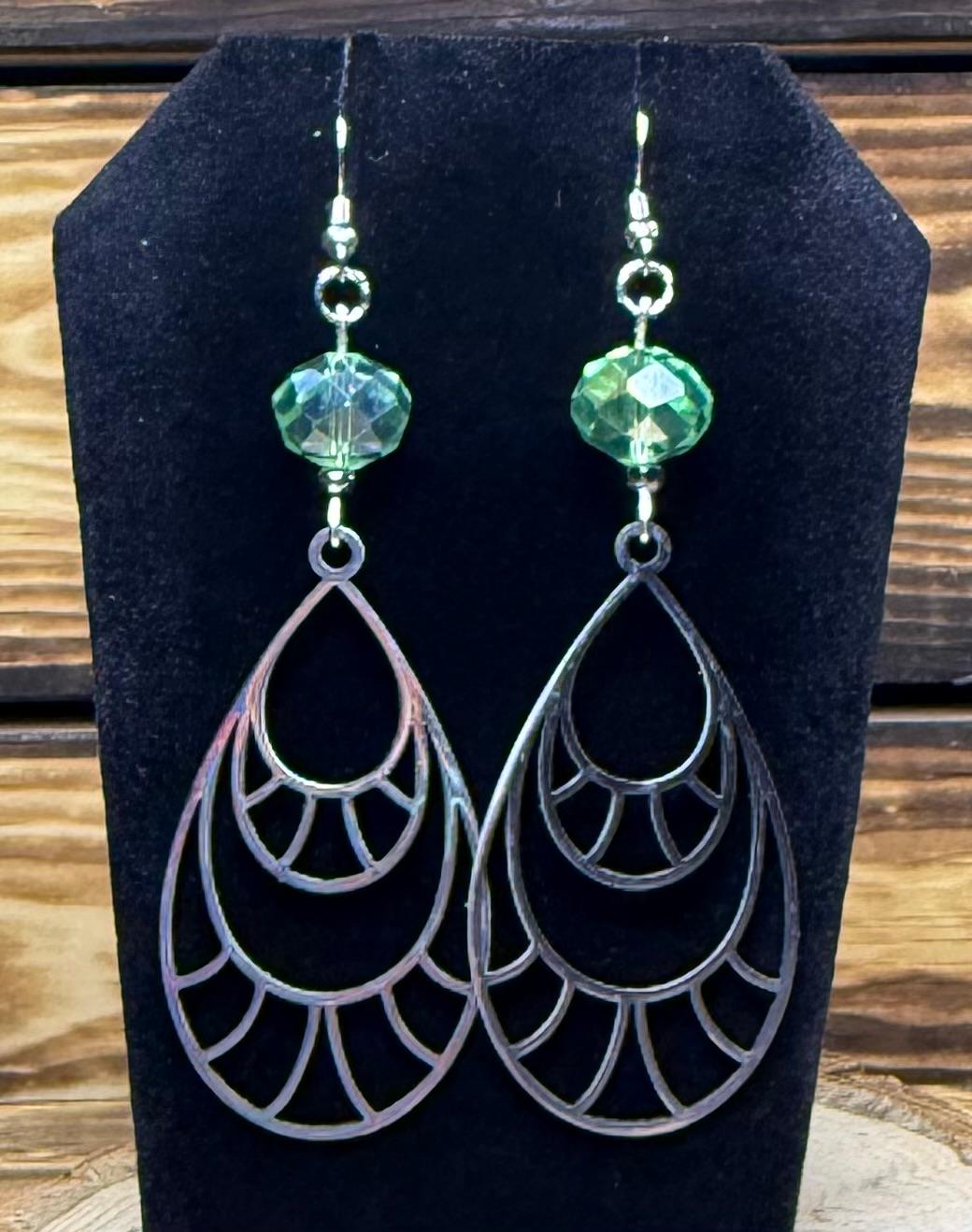 NEW Dramatic Stainless Steel Large Teardrop Earrings w/ Green Glass Beads