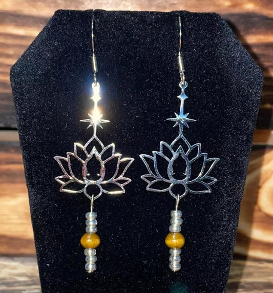 NEW Gorgeous Stainless Steel Lotus Yoga Beaded Dangle Drop Earrings