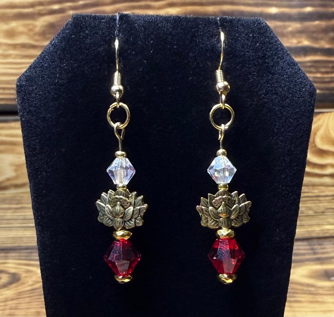 NEW Gold Lotus Charm Earrings w/ Red & White Glass Beads