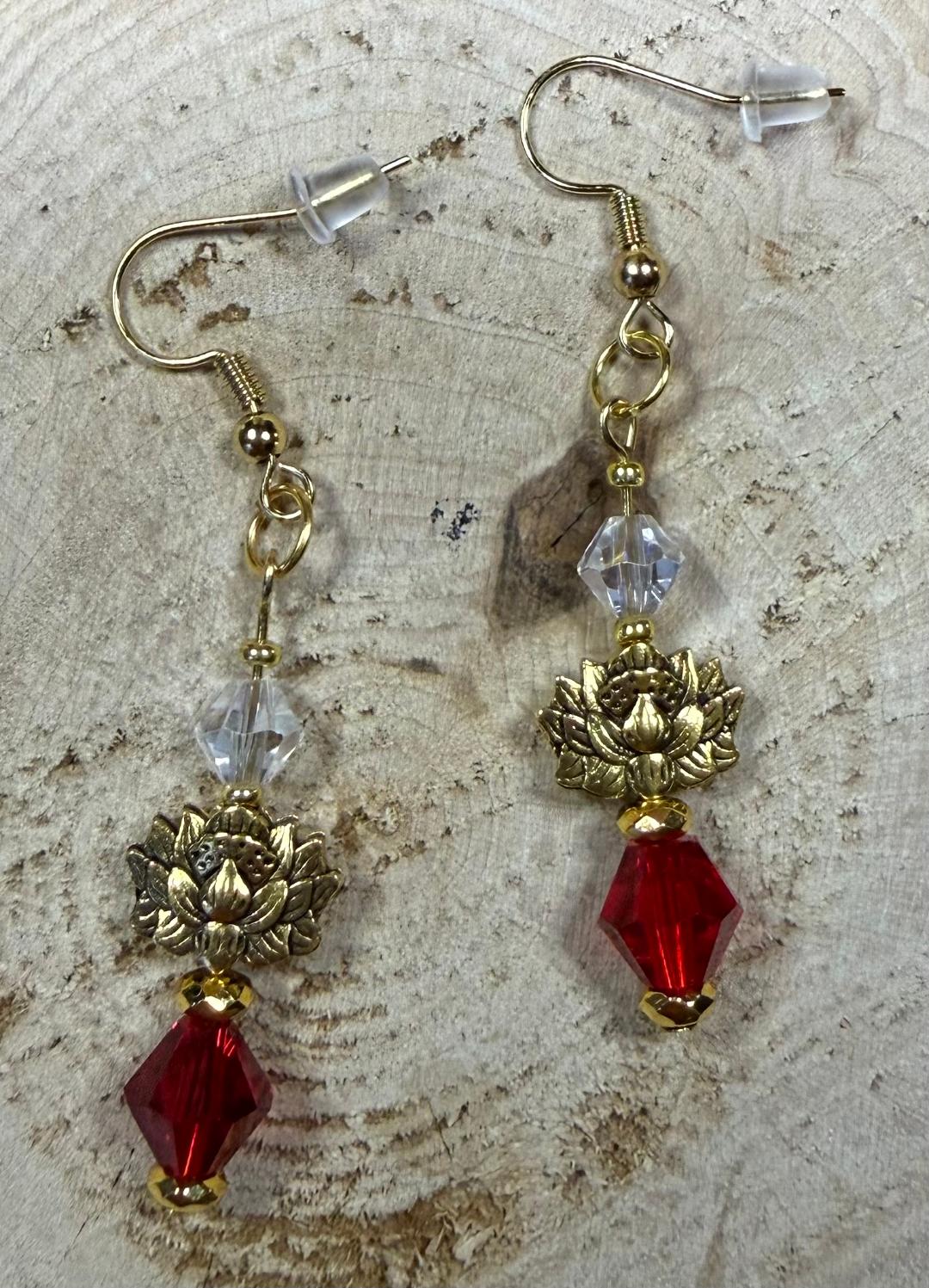 NEW Gold Lotus Charm Earrings w/ Red & White Glass Beads