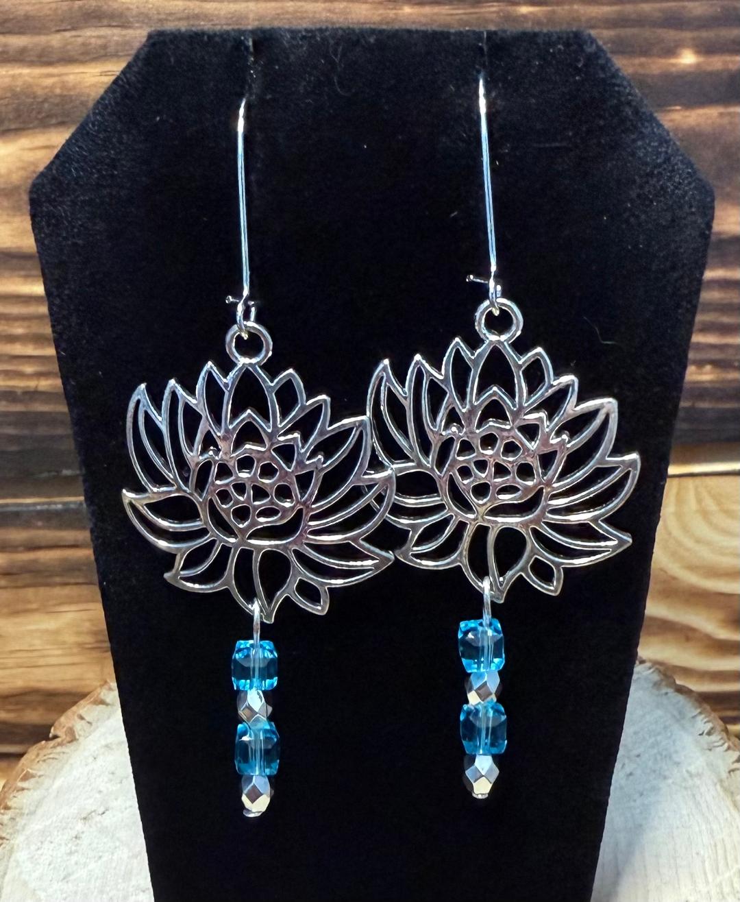 NEW Lotus Flower & Square Blue Glass Bead Earrings