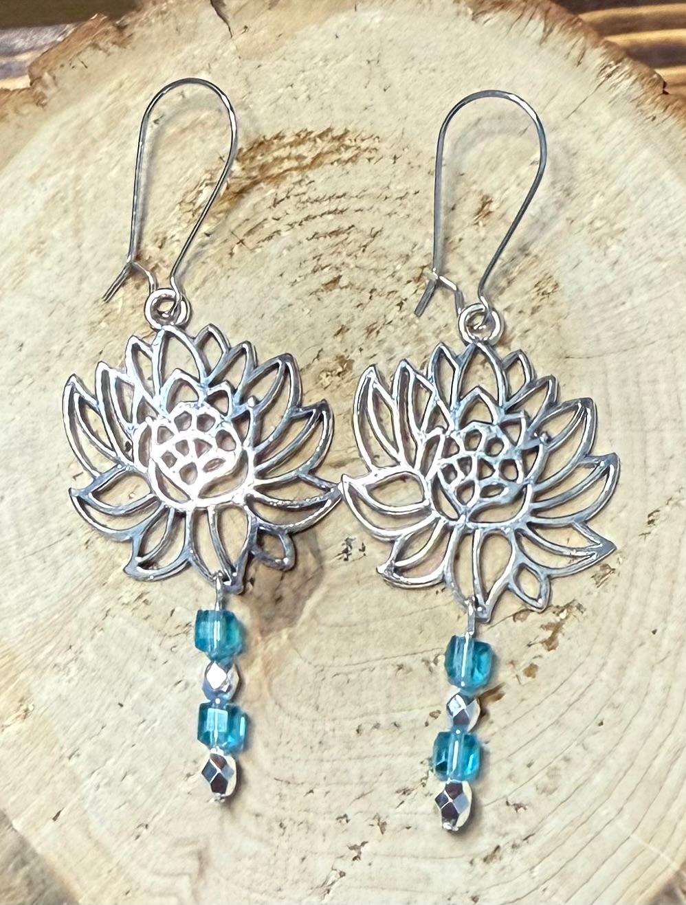 NEW Lotus Flower & Square Blue Glass Bead Earrings