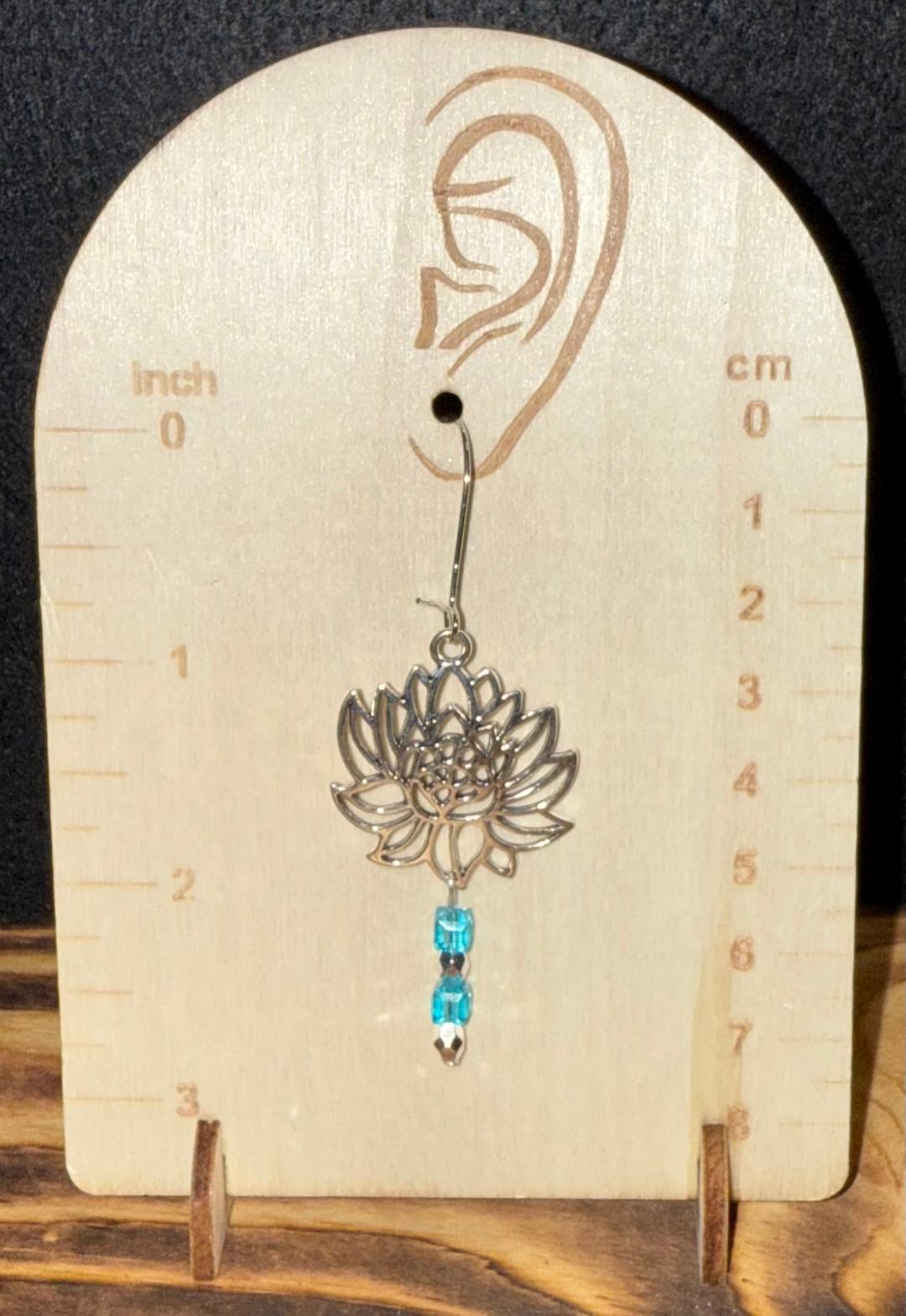 NEW Lotus Flower & Square Blue Glass Bead Earrings