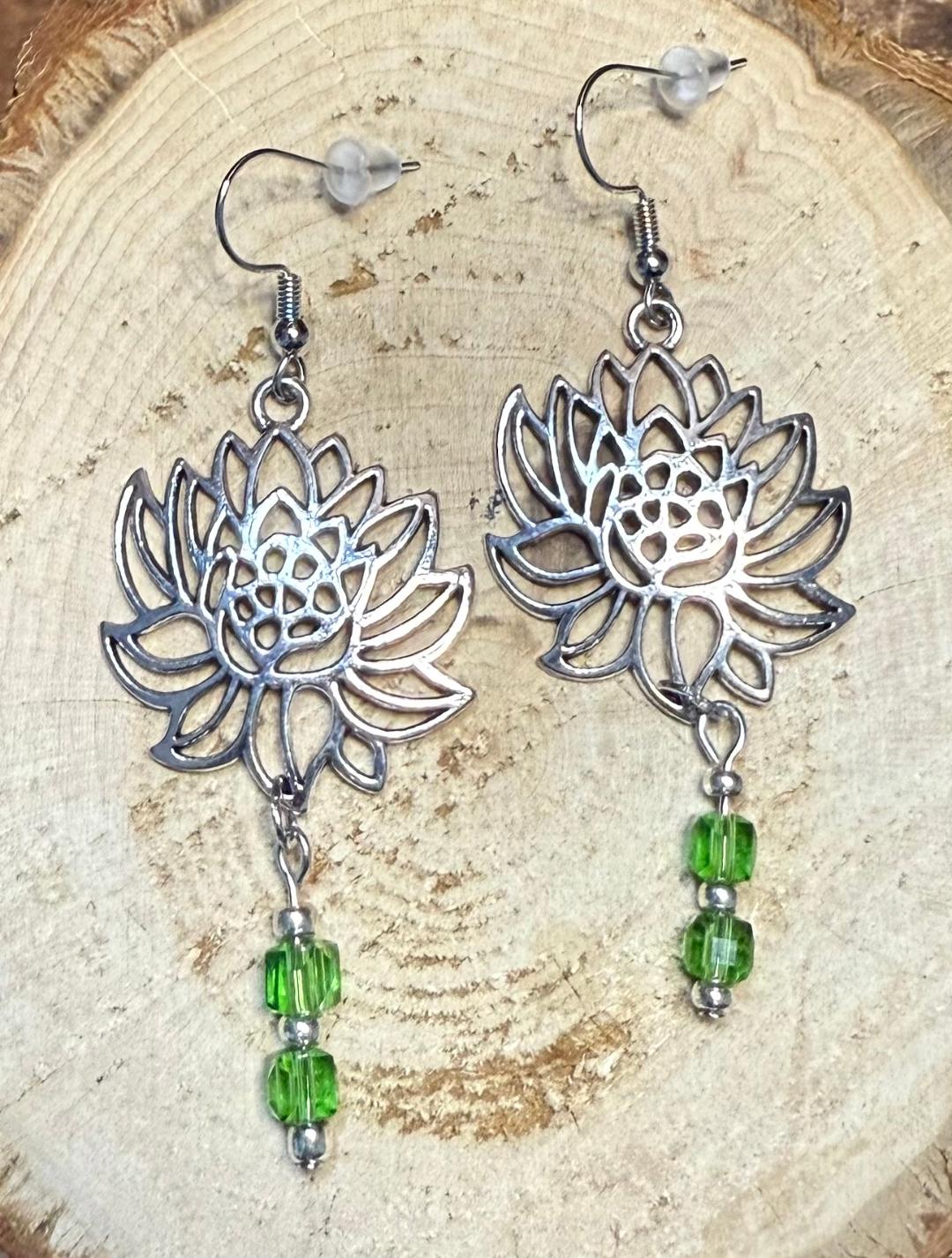 NEW Hollow Lotus Flower & Green Glass Beads