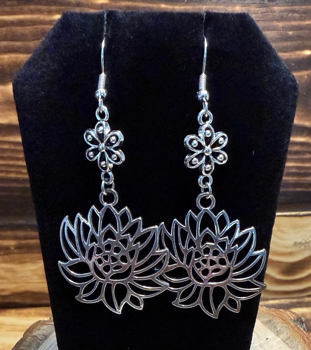 NEW Hollow Silver Lotus Flower Drop Earrings