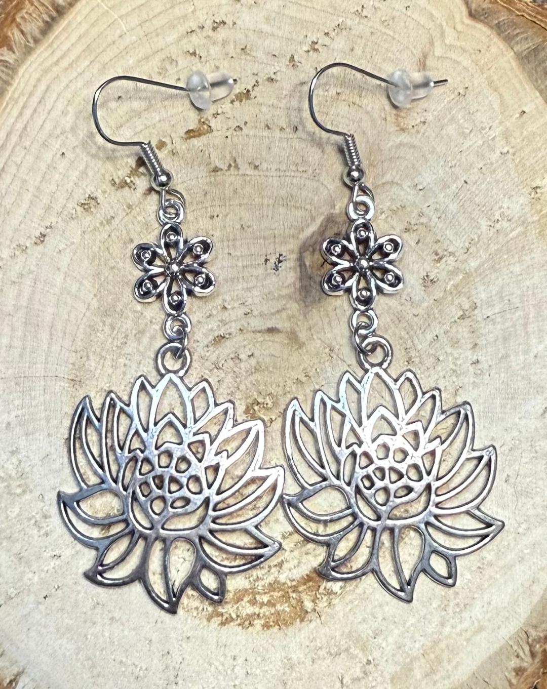 NEW Hollow Silver Lotus Flower Drop Earrings