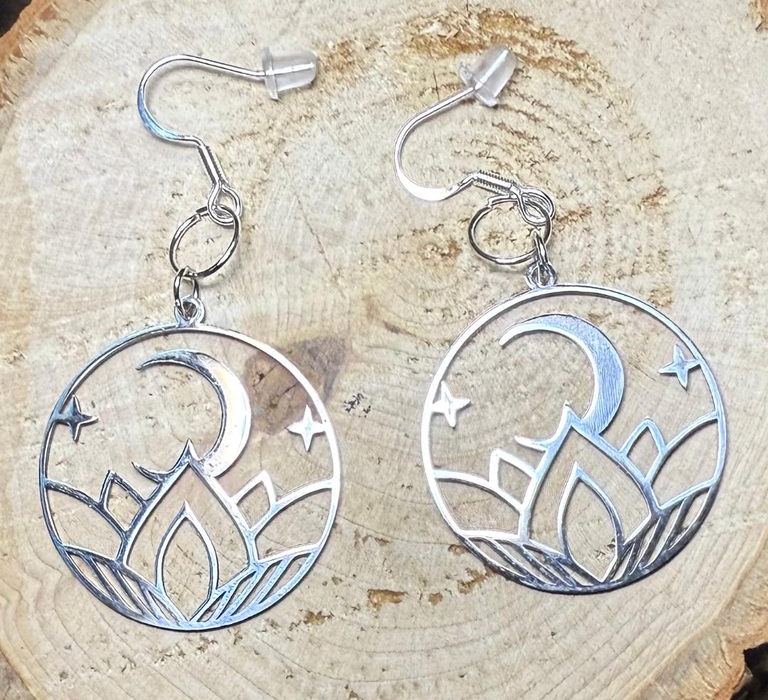 NEW Mystical Lotus Moon Hollow Silver Stainless Steel Earrings