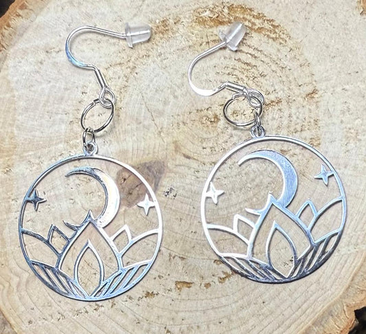 NEW Mystical Lotus Moon Hollow Silver Stainless Steel Earrings