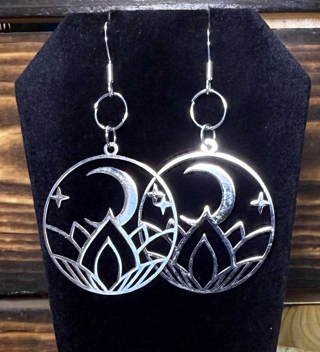 NEW Mystical Lotus Moon Hollow Silver Stainless Steel Earrings