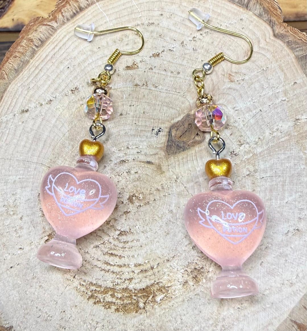 NEW Pink Love Potion Bottle Earrings w/ Pink Glass & Gold Lava Beads