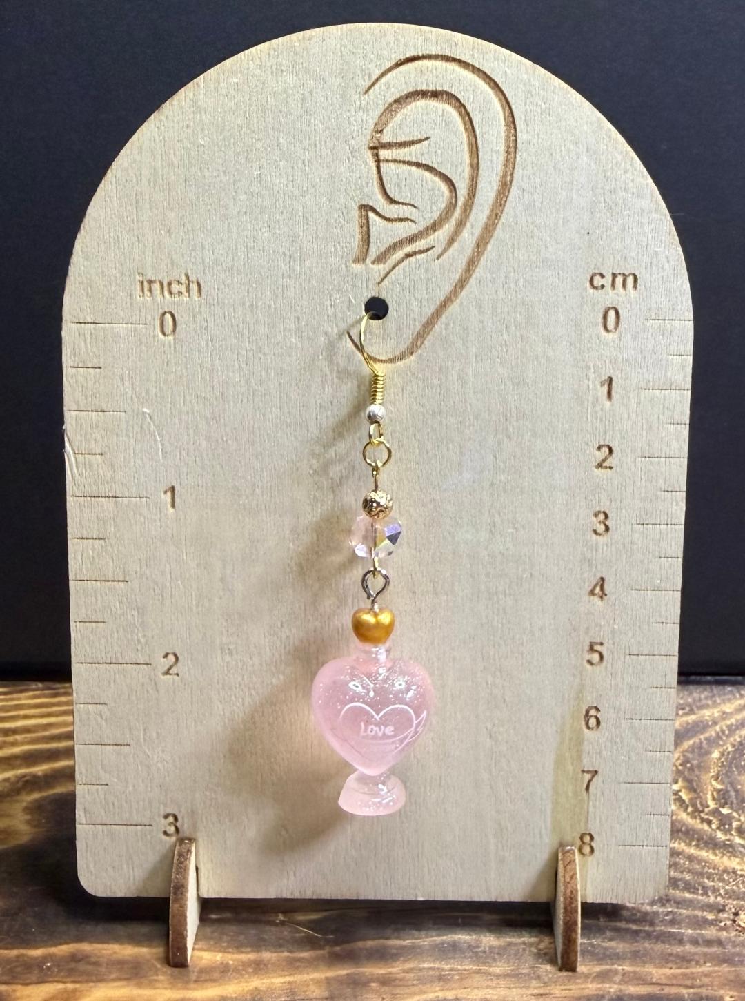 NEW Pink Love Potion Bottle Earrings w/ Pink Glass & Gold Lava Beads