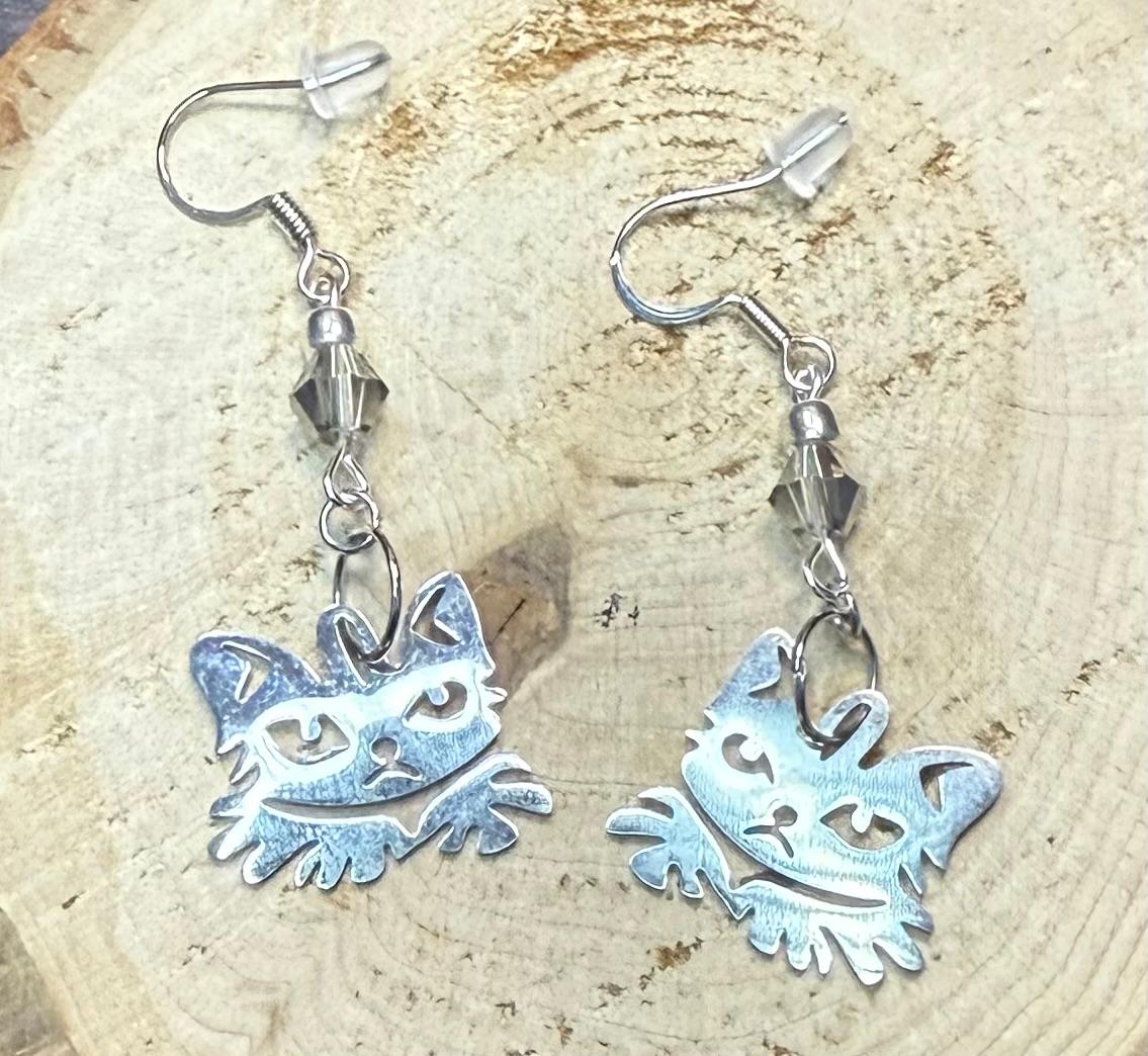 NEW Stainless Steel Cat Earrings w/ Grey Glass Faceted Beads
