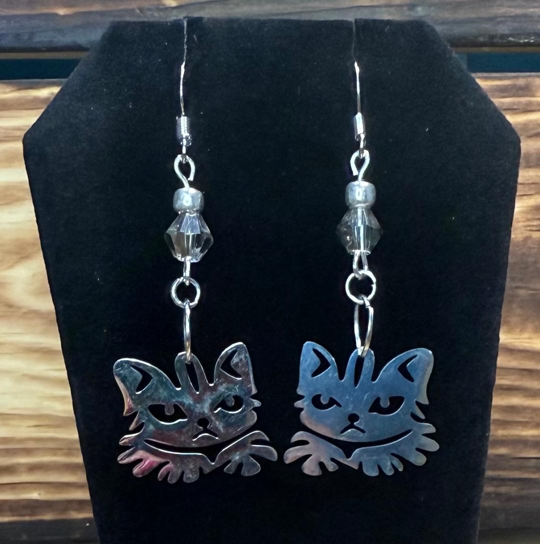 NEW Stainless Steel Cat Earrings w/ Grey Glass Faceted Beads