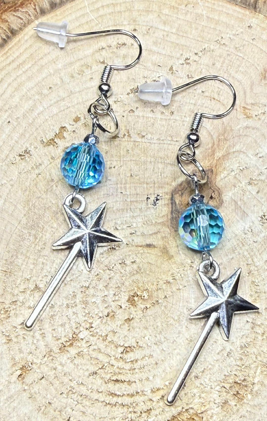 NEW Magic Fairy Wand Earrings w/ Teal Blue Glass Beads