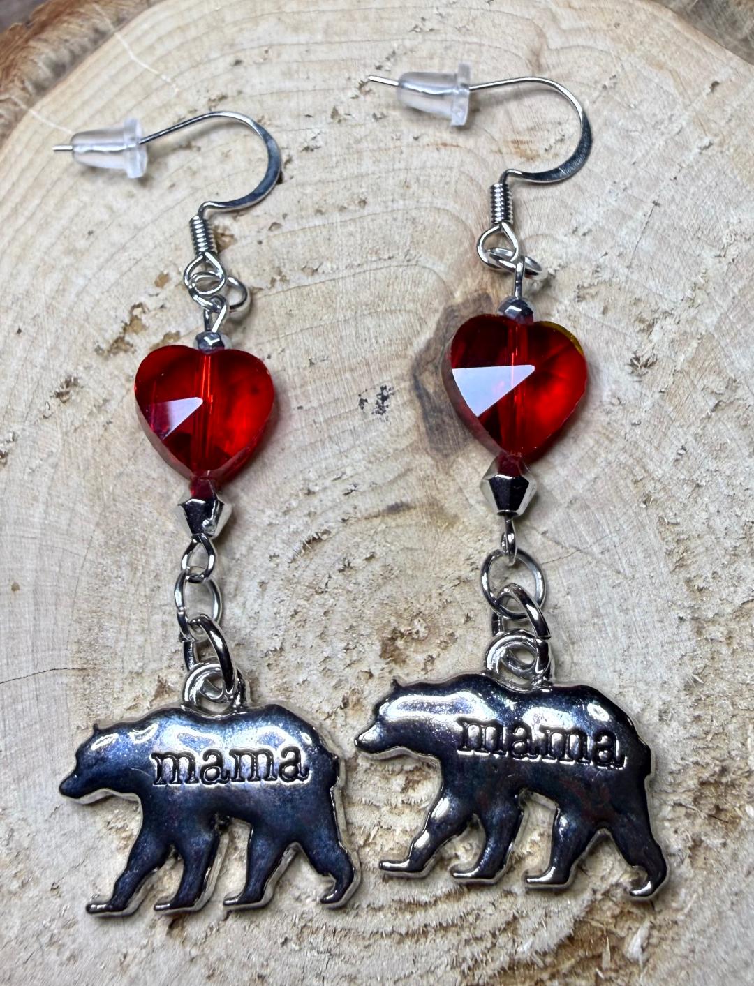 NEW Mama Bear Charm Earrings w/ Red Glass Heart