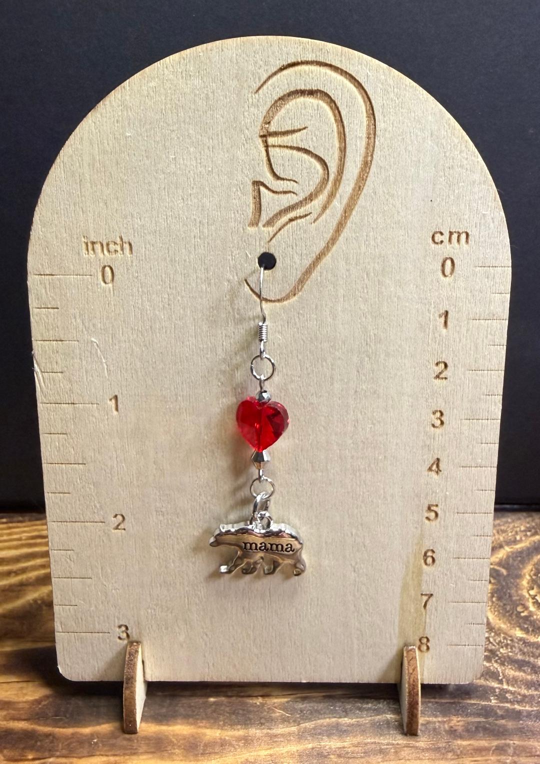 NEW Mama Bear Charm Earrings w/ Red Glass Heart