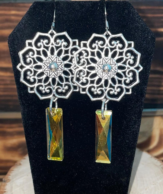 NEW Handmade Boho Hippie Silver Mandala & Yellow Faux Gemstone Earrings