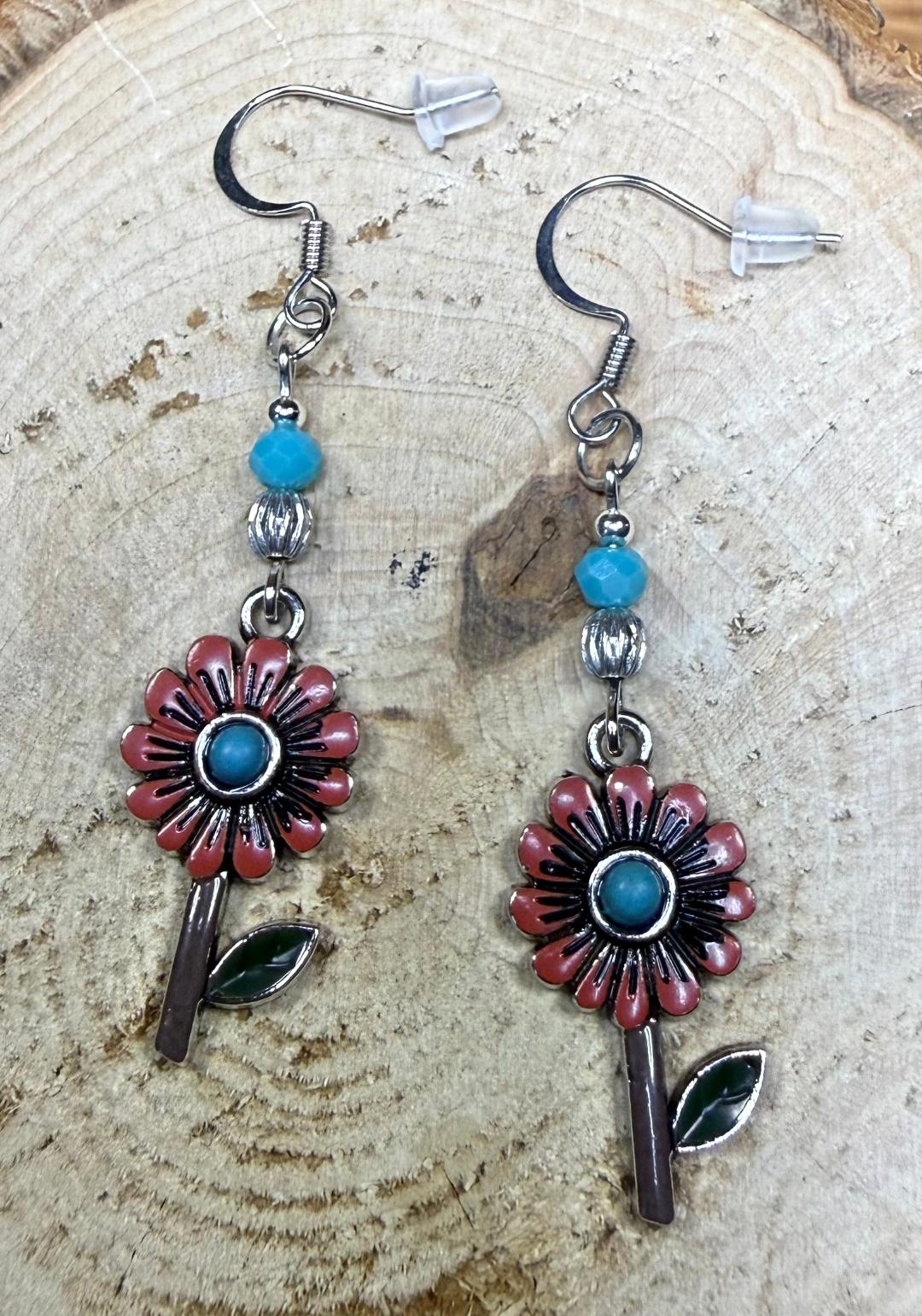 NEW Maroon Red Petal Daisy Earrings w/ Turquoise Green Beads