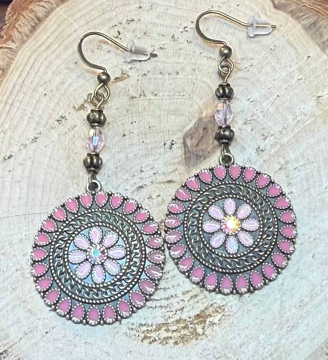 NEW Round Bronze Mauve Pink Enamel & Rhinestone Earrings