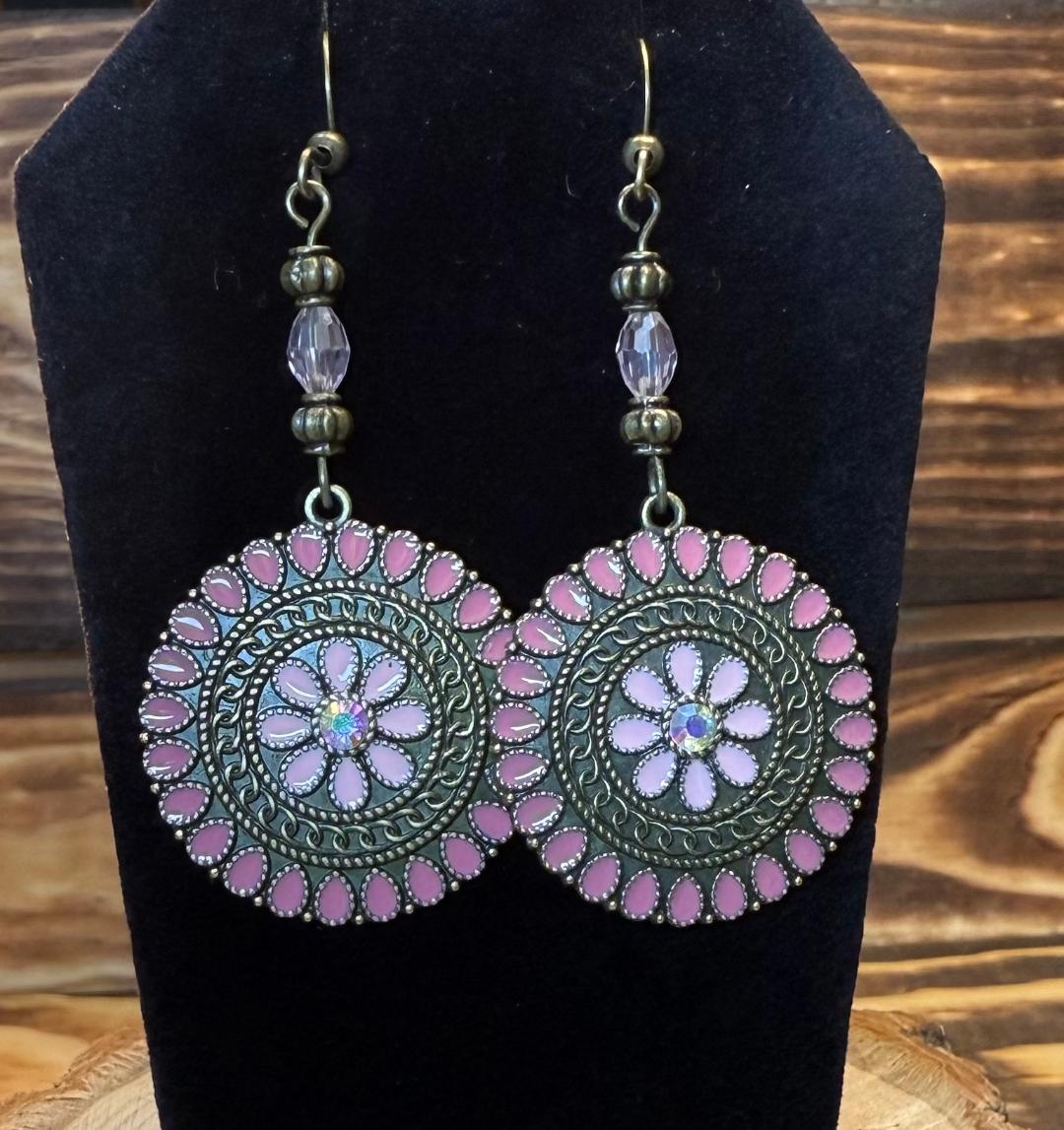 NEW Round Bronze Mauve Pink Enamel & Rhinestone Earrings