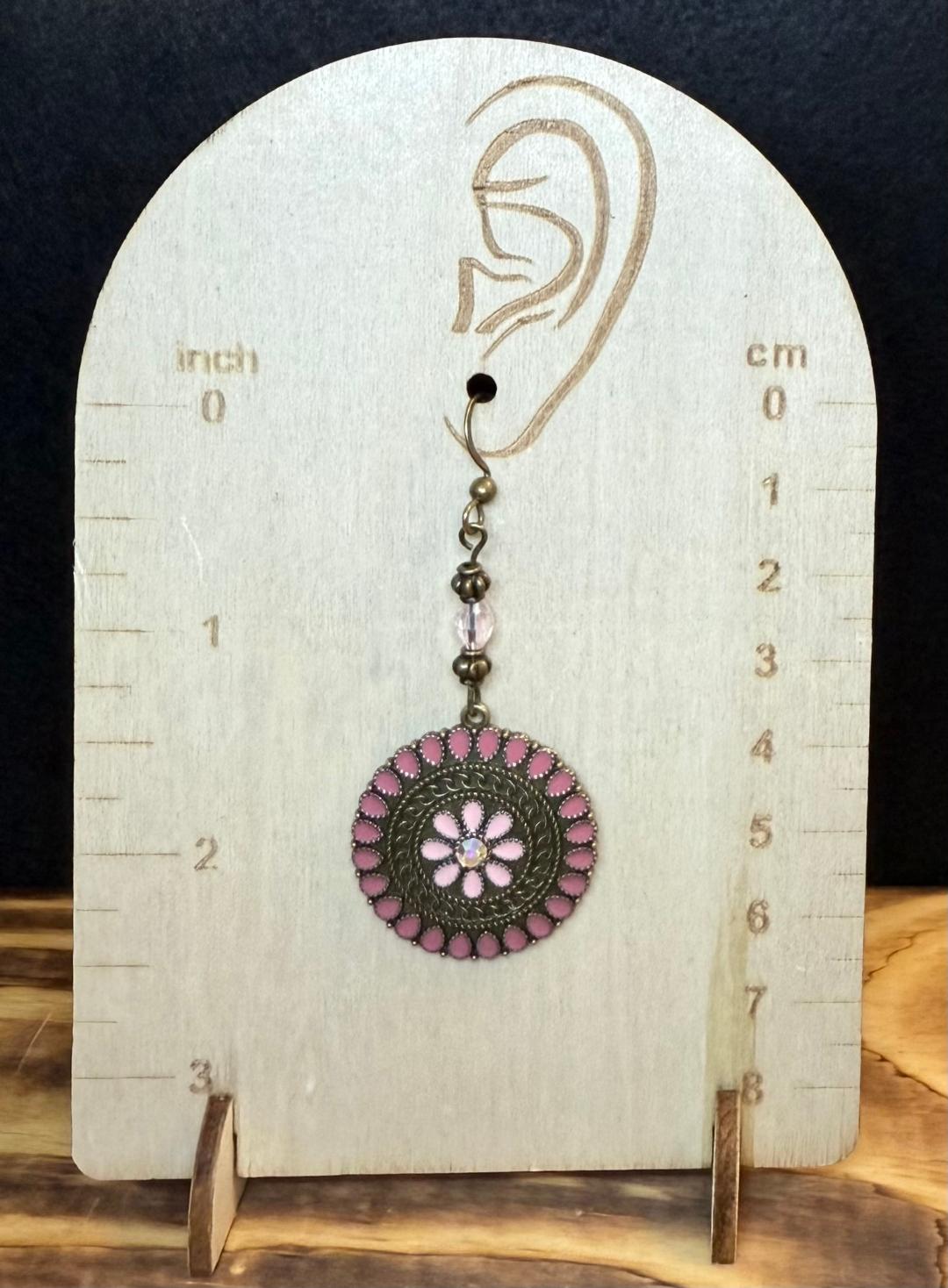 NEW Round Bronze Mauve Pink Enamel & Rhinestone Earrings