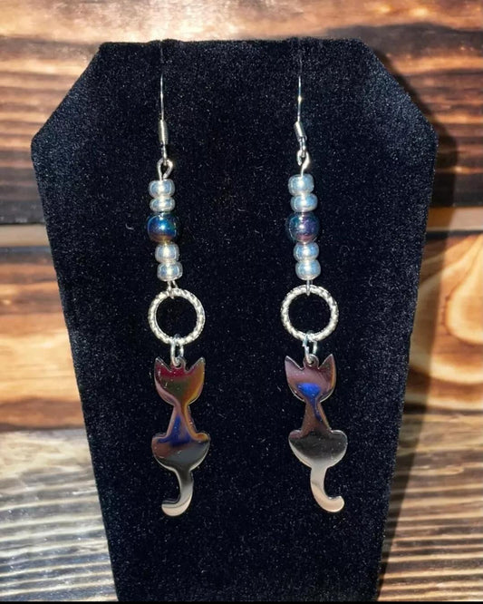 NEW Mirrored Stainless Steel Cat Kitty & Beaded Cat Dangle / Drop Earrings