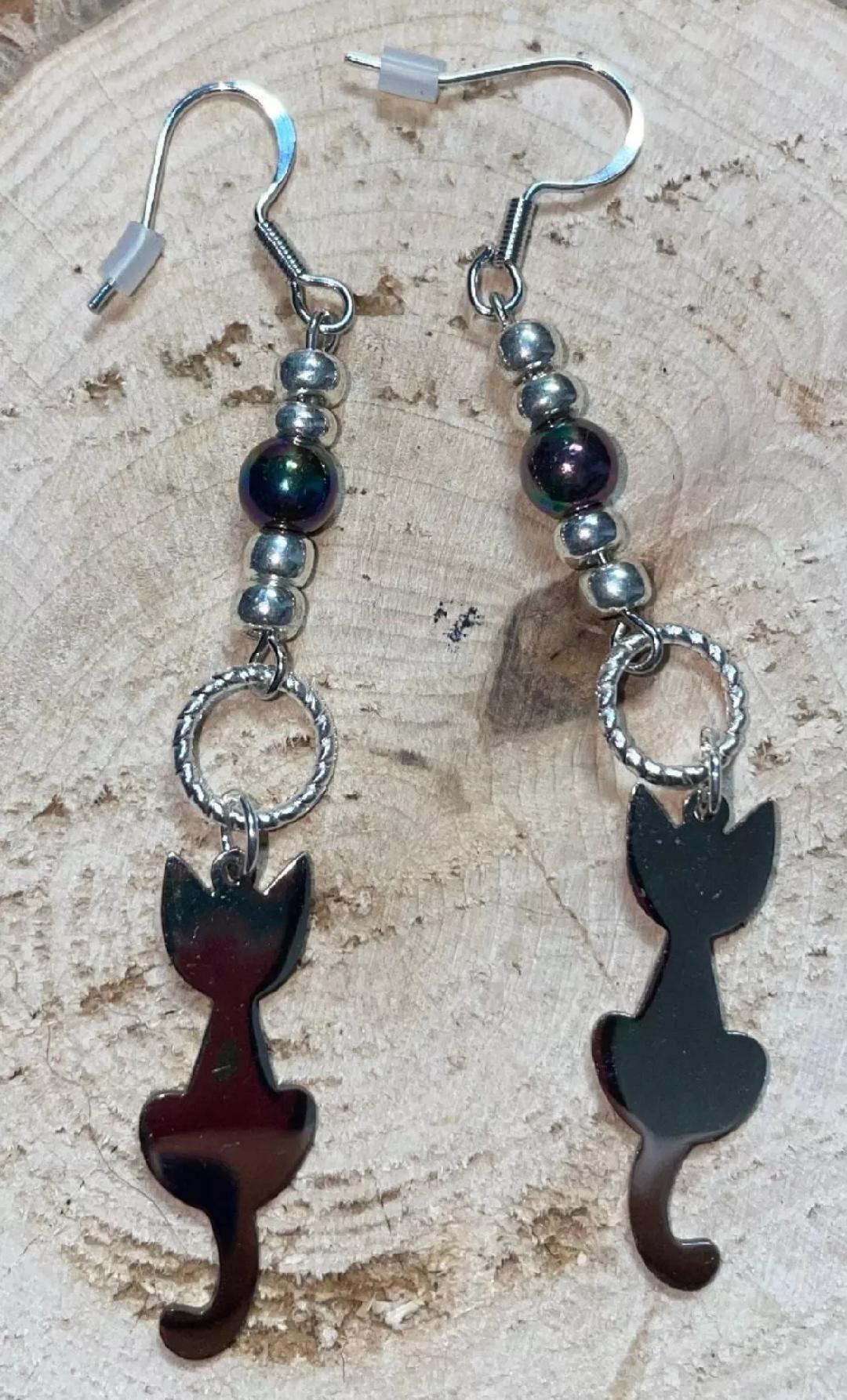 NEW Mirrored Stainless Steel Cat Kitty & Beaded Cat Dangle / Drop Earrings