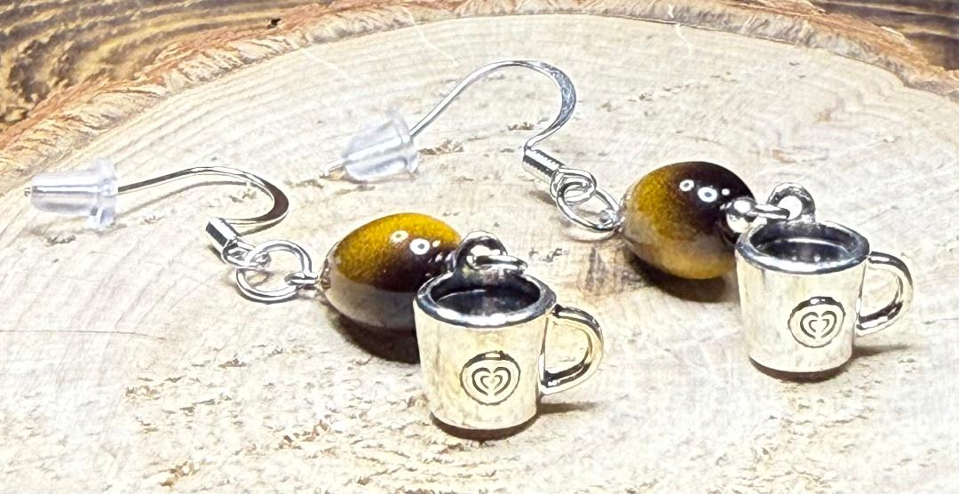 NEW Mini Coffee Cup Earrings w/ Glass Tiger's Eye Teardrop Beads