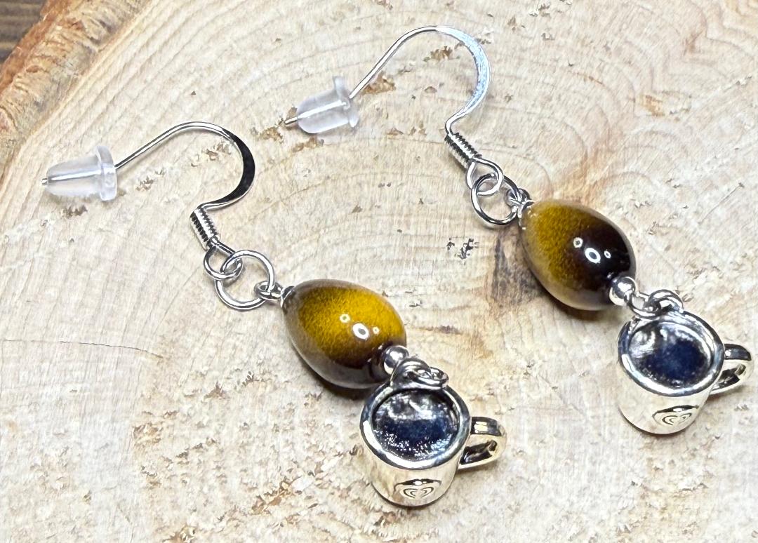 NEW Mini Coffee Cup Earrings w/ Glass Tiger's Eye Teardrop Beads