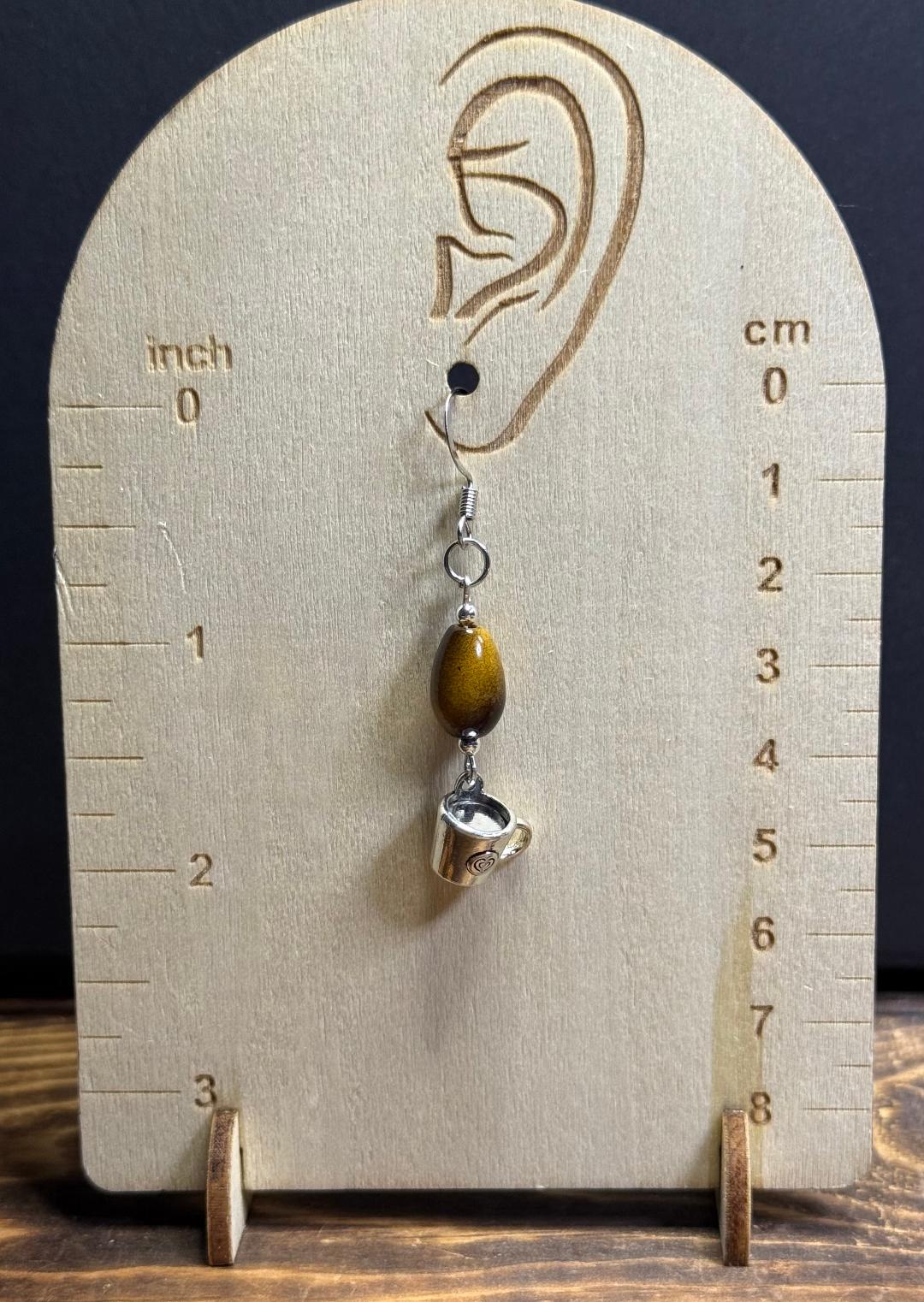 NEW Mini Coffee Cup Earrings w/ Glass Tiger's Eye Teardrop Beads
