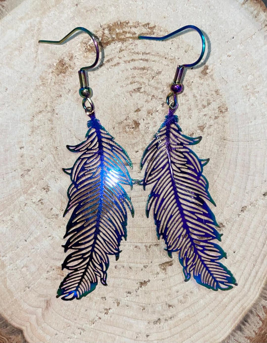 NEW Iridescent Feather Boho Hippie Drop Laser Cut Metal Earrings