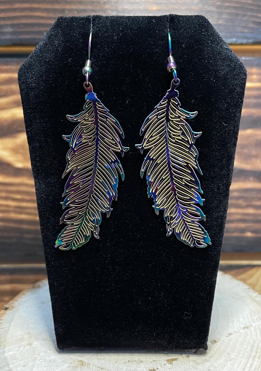 NEW Iridescent Feather Boho Hippie Drop Laser Cut Metal Earrings