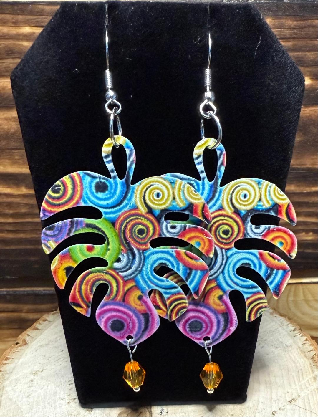 NEW Colorful Boho Hollow Cut Metal Monstera Leaf & Orange Bead Earrings