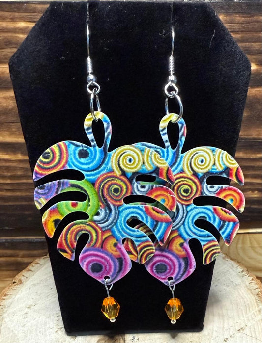 NEW Colorful Boho Hollow Cut Metal Monstera Leaf & Orange Bead Earrings