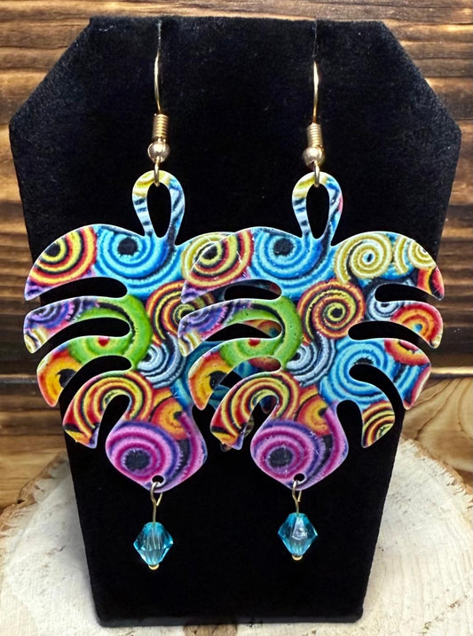 NEW Colorful Boho Hollow Cut Metal Monstera Leaf & Teal Blue Bead Earrings