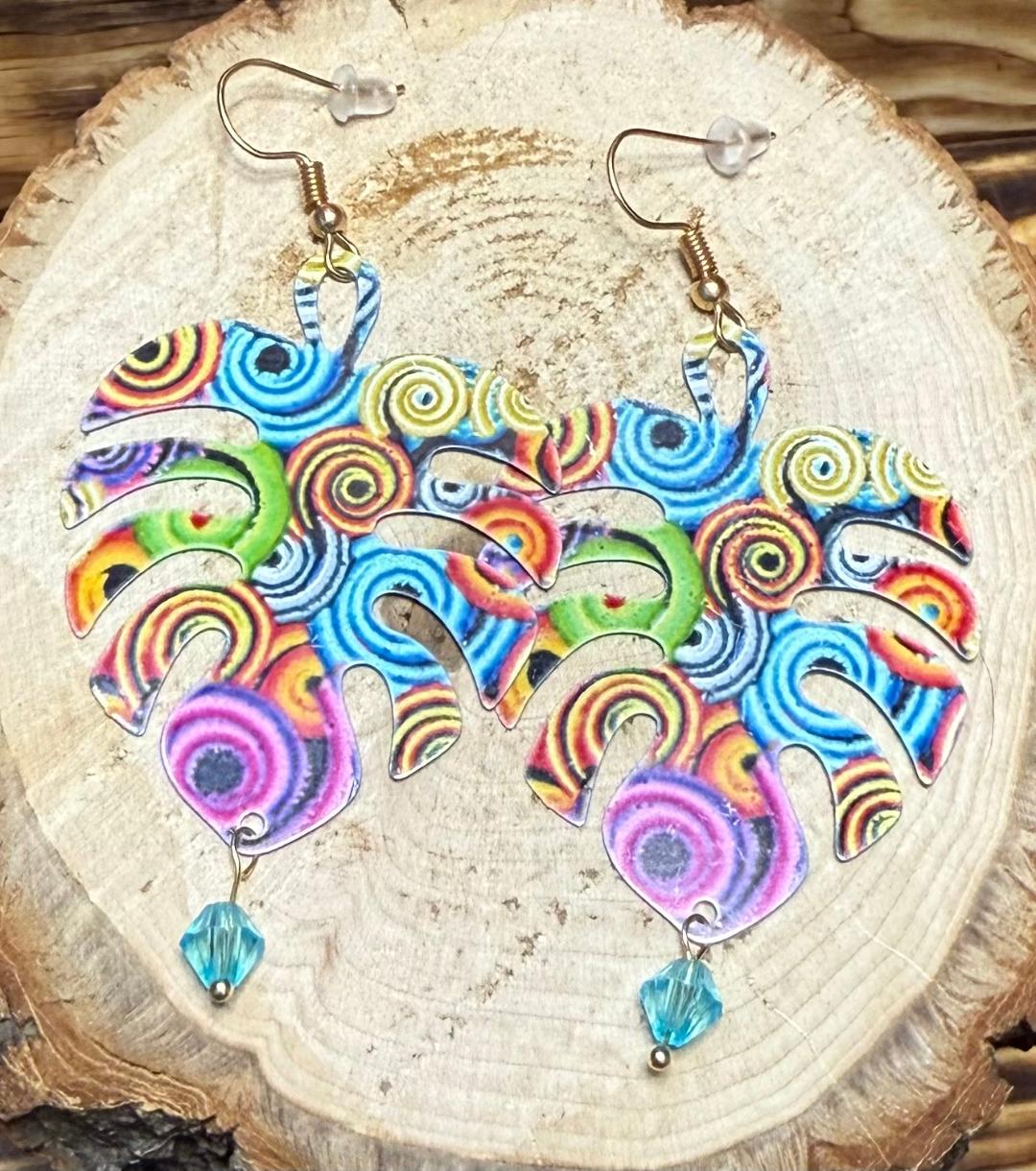 NEW Colorful Boho Hollow Cut Metal Monstera Leaf & Teal Blue Bead Earrings