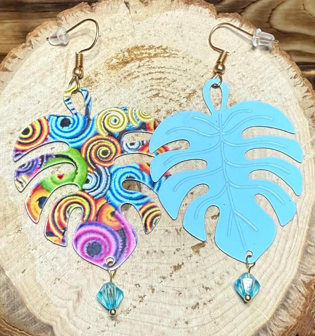 NEW Colorful Boho Hollow Cut Metal Monstera Leaf & Teal Blue Bead Earrings