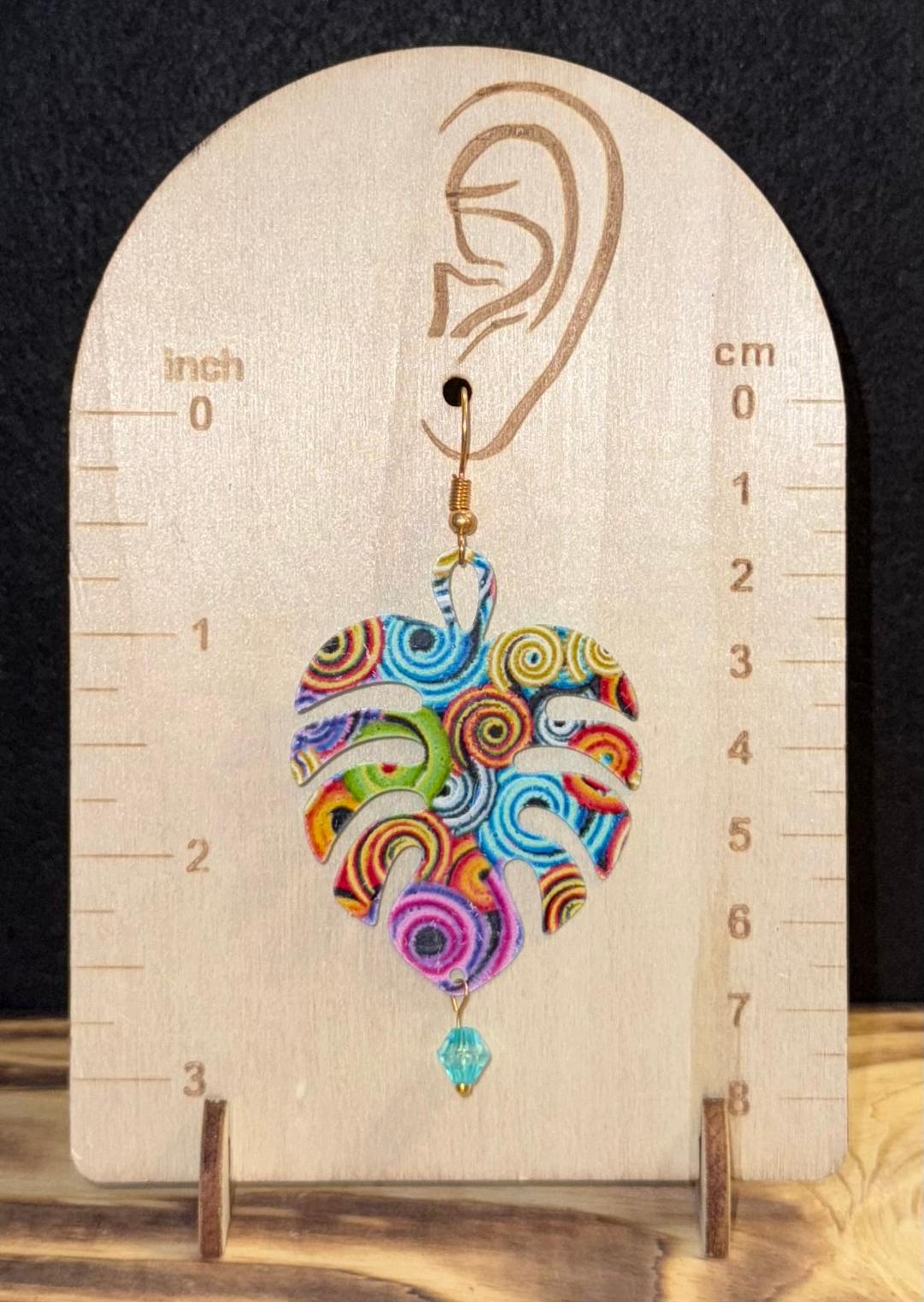 NEW Colorful Boho Hollow Cut Metal Monstera Leaf & Teal Blue Bead Earrings