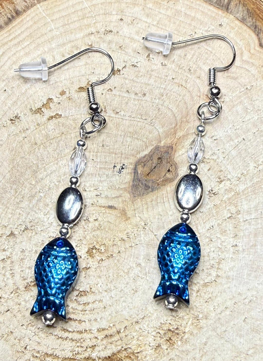 NEW Metallic Blue Glass Fish Earrings w/ Oval Glass Beads