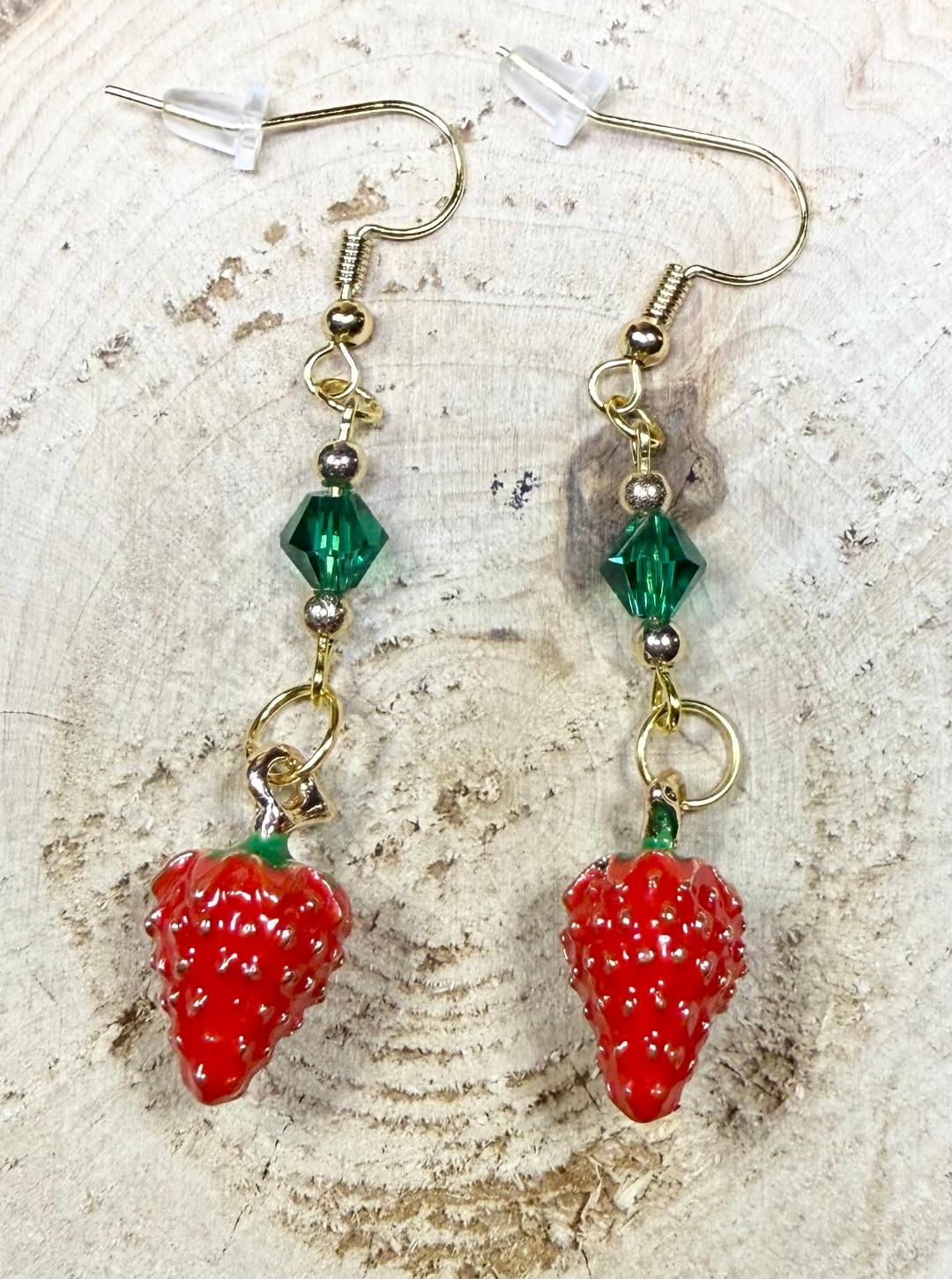 NEW Vivid Red Strawberry Earrings w/ Green Glass Beads