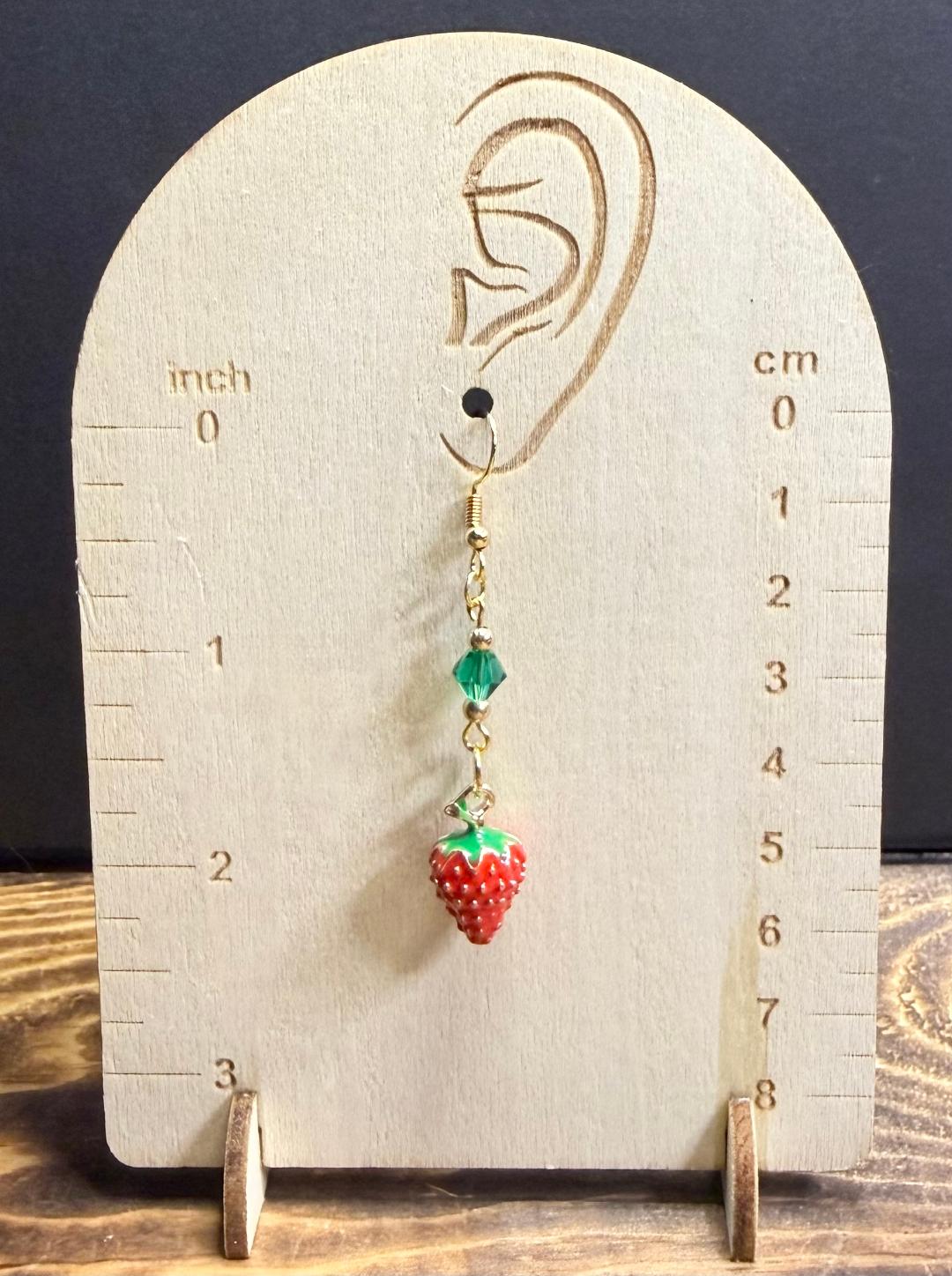 NEW Vivid Red Strawberry Earrings w/ Green Glass Beads