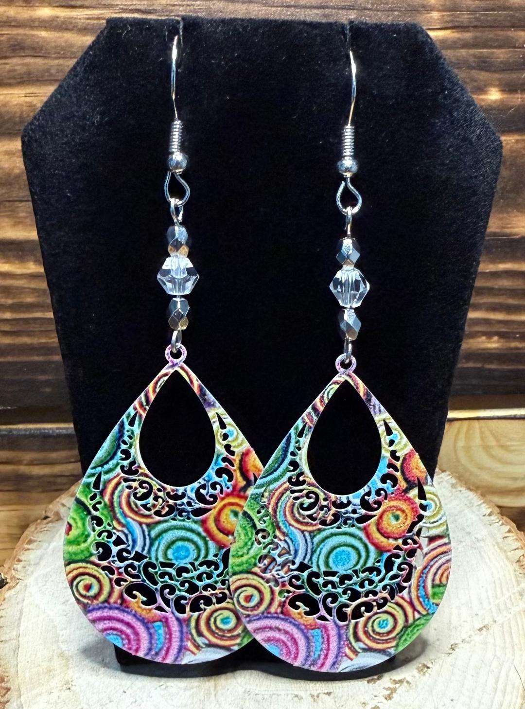 NEW Colorful Boho Hollow Cut Metal Teardrop & Faceted Clear Bead Earrings