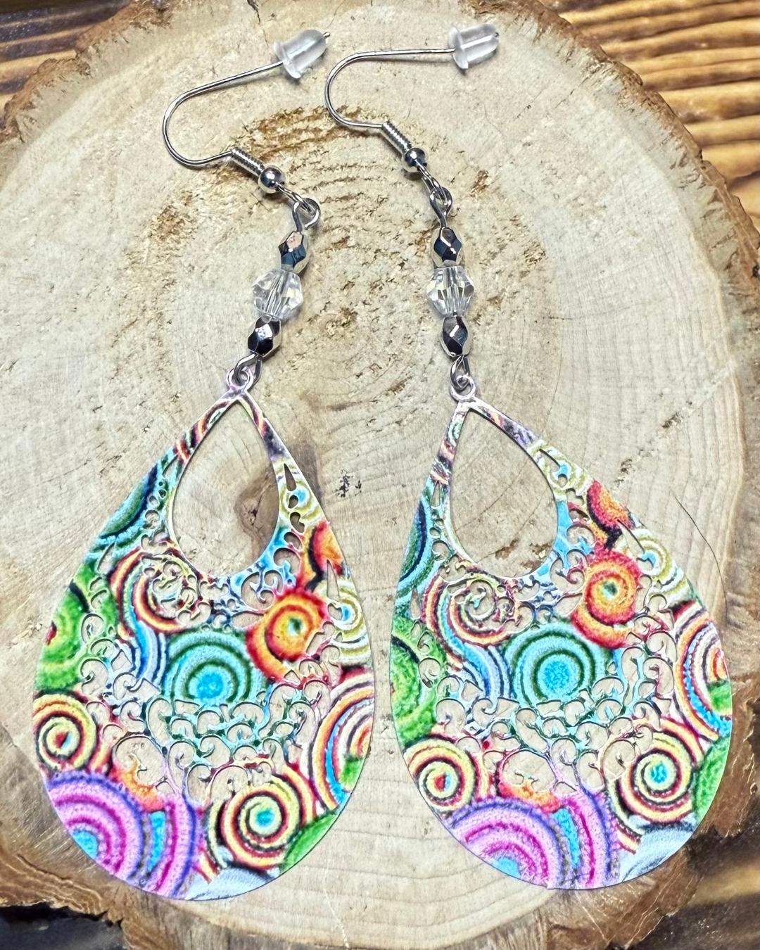 NEW Colorful Boho Hollow Cut Metal Teardrop & Faceted Clear Bead Earrings