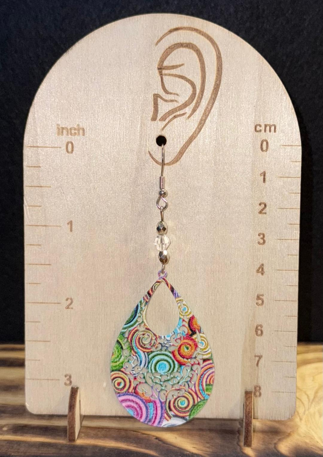 NEW Colorful Boho Hollow Cut Metal Teardrop & Faceted Clear Bead Earrings