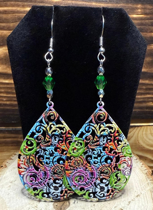 NEW Colorful Boho Hollow Cut Metal Teardrop & Green Bead Earrings