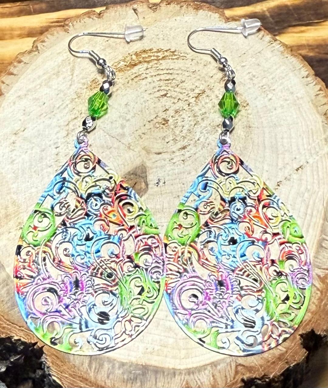NEW Colorful Boho Hollow Cut Metal Teardrop & Green Bead Earrings