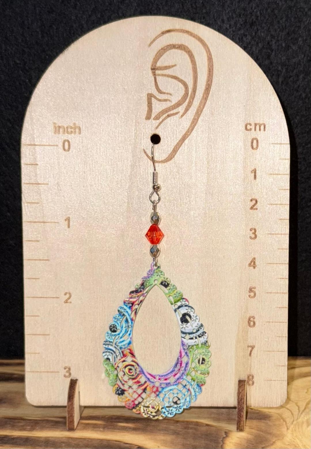 NEW Colorful Boho Hollow Cut Metal Teardrop & Faceted Orange Bead Earrings