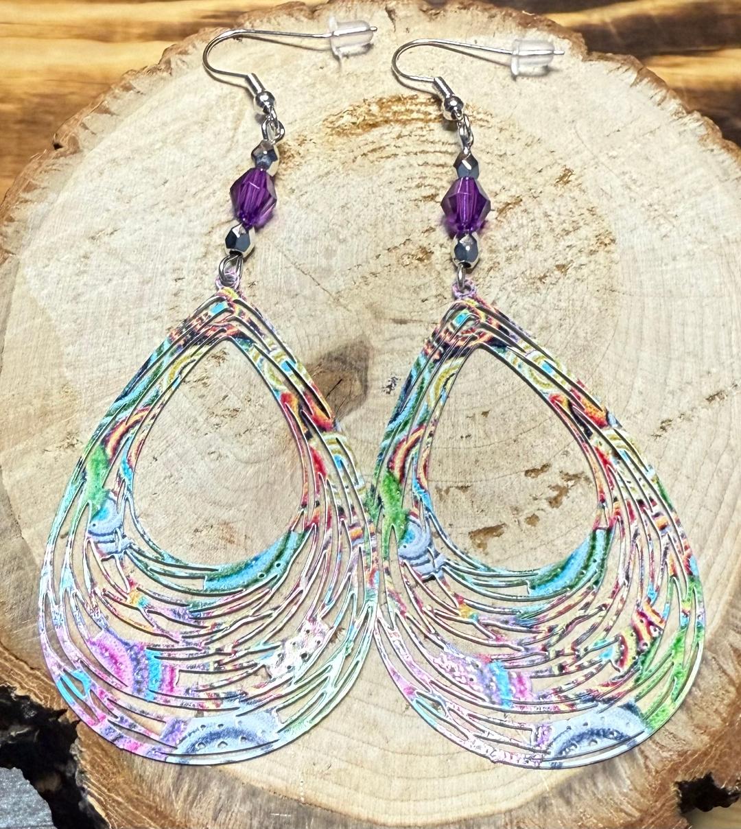 NEW Colorful Boho Hollow Cut Metal Teardrop & Faceted Purple Bead Earrings